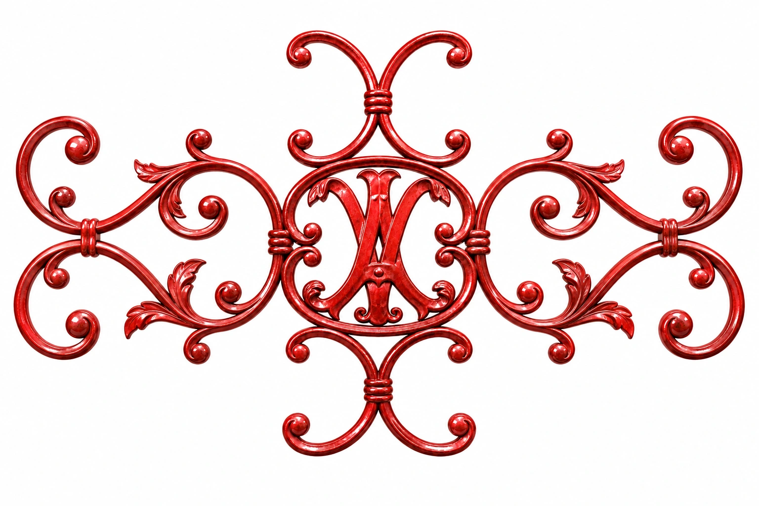 Polished red ironwork, with curling vines and sculpted leaves extending from a central monogram.